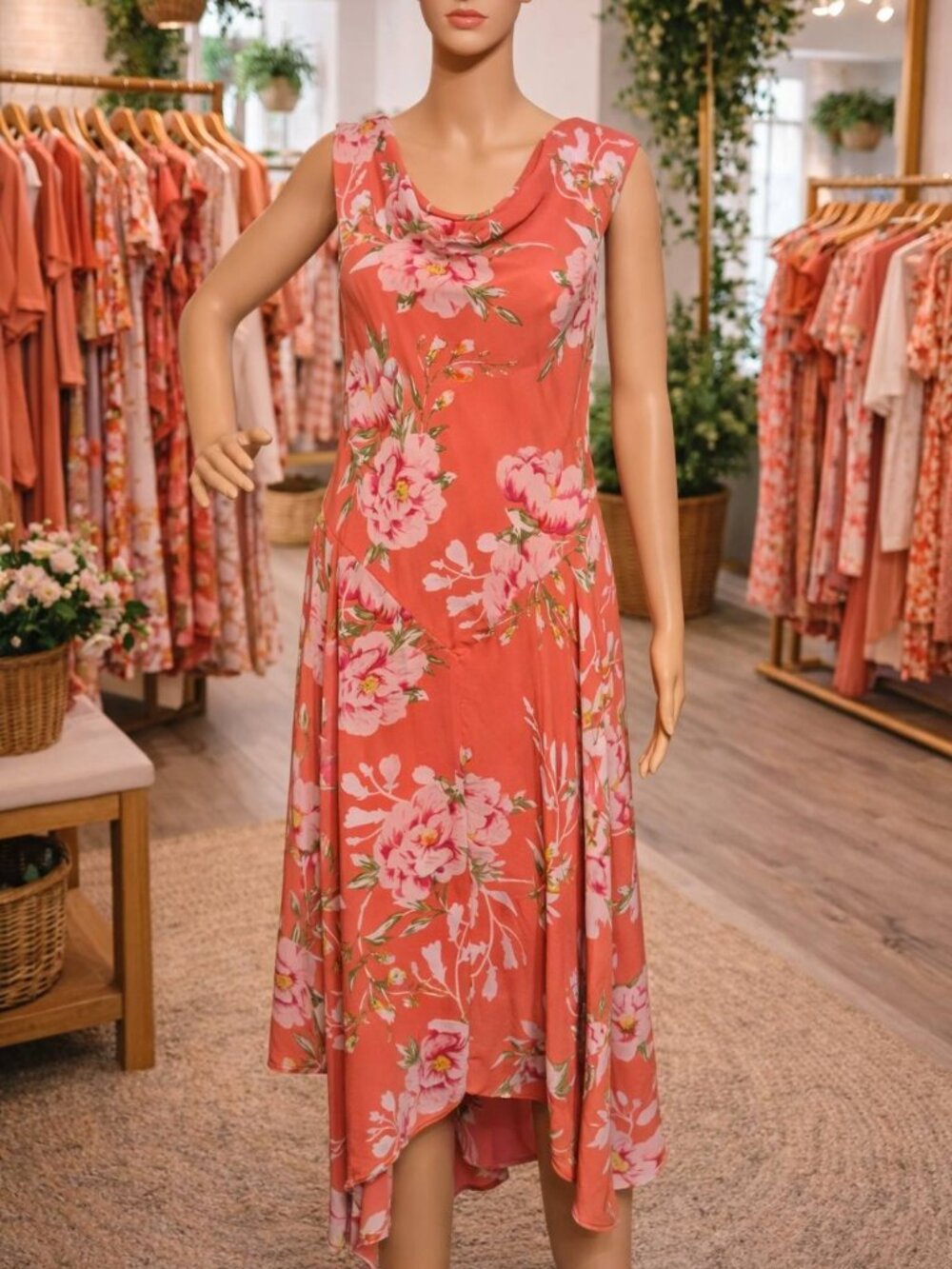 Flowy Sleeveless Cowl-neck, Handkerchief hem Coral Dress Plus 14
